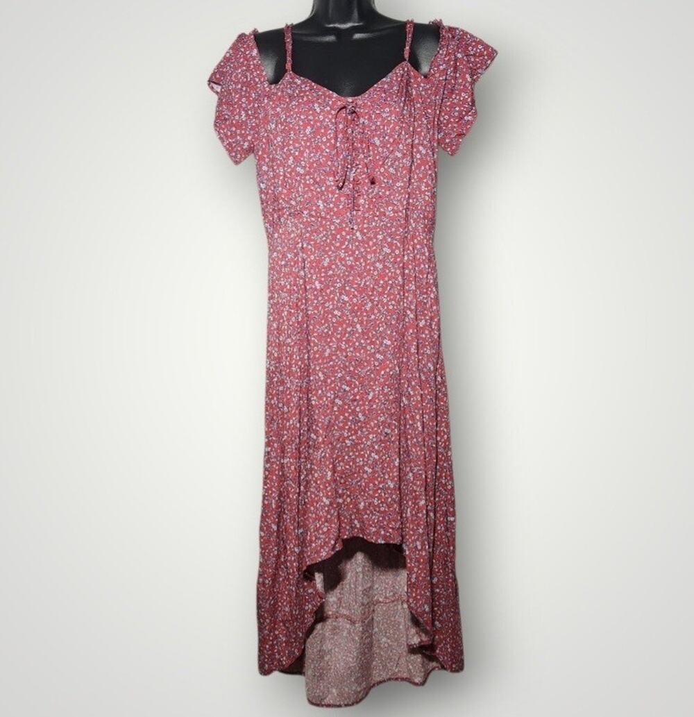 Hem & Thread Red Floral Cold Shoulder High Low Boho Midi Dress Sundress Sz L